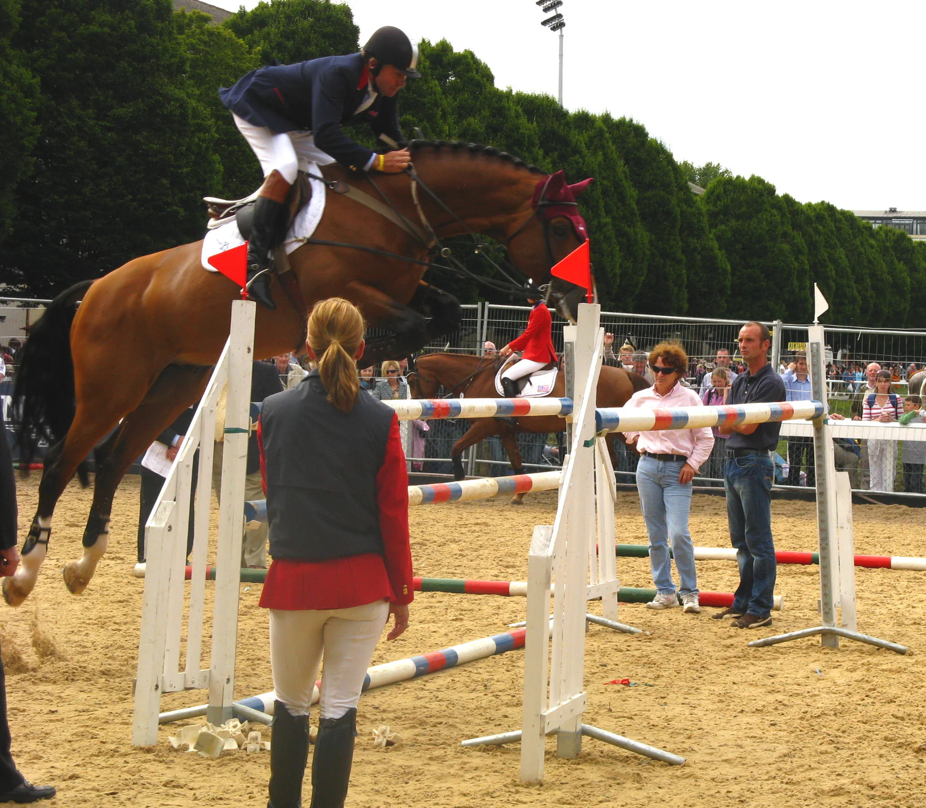 Nick Skelton riding the bay stallion Arko III over a show-jumping fence at Dublin CSIO5* in 2008.