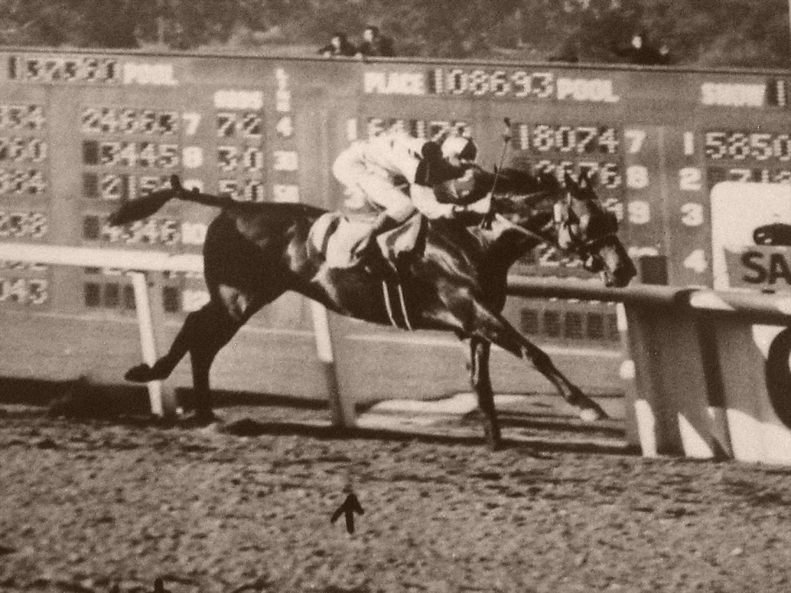Seabiscuit and his jockey racing along the rail toward victory in the 1940 Santa Anita Handicap.