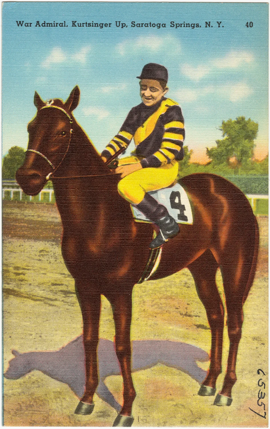 War Admiral standing under jockey Charles Kurtsinger at Saratoga Springs in a 1938 photographic postcard.